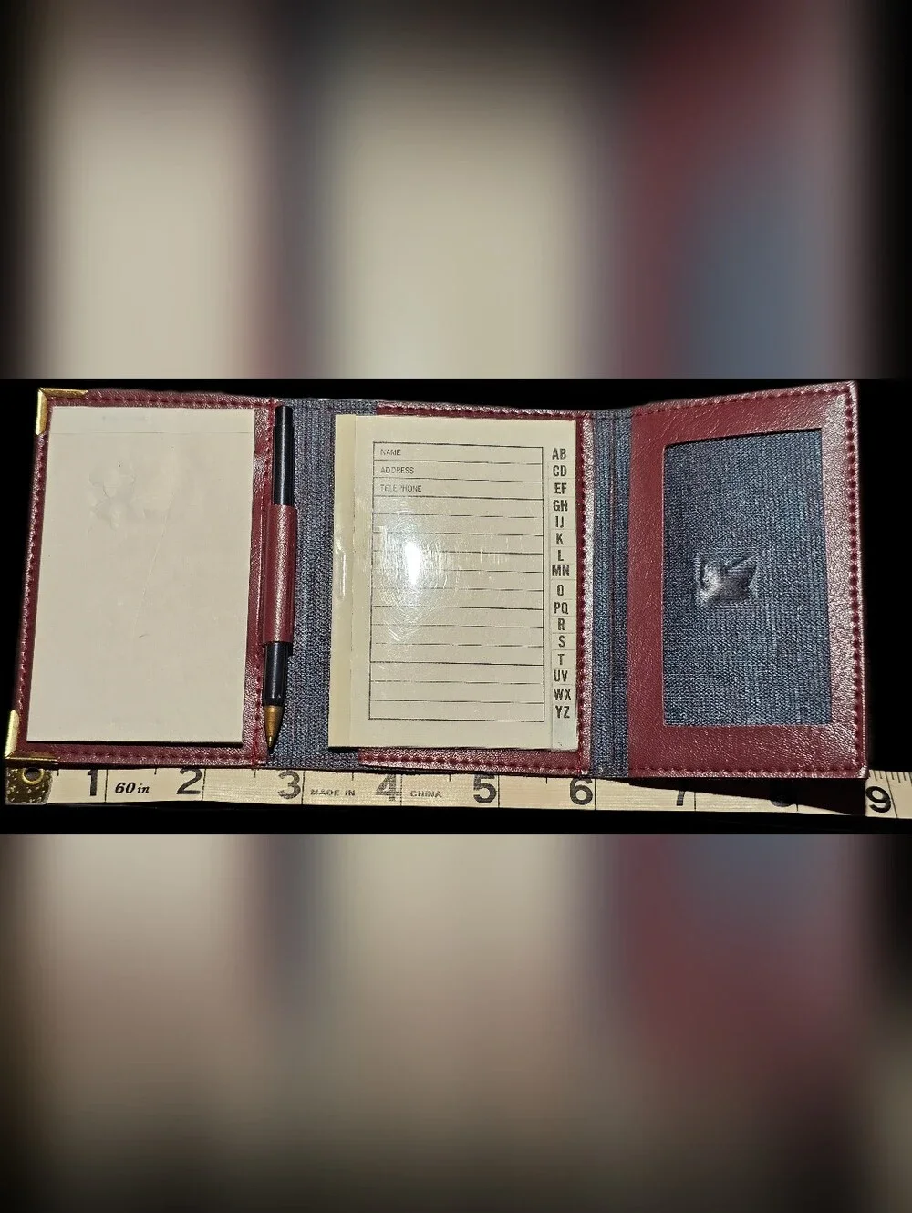 Vintage Never Used Leather Tri-Fold Notebook Cover in Burgundy with Pen NWOT